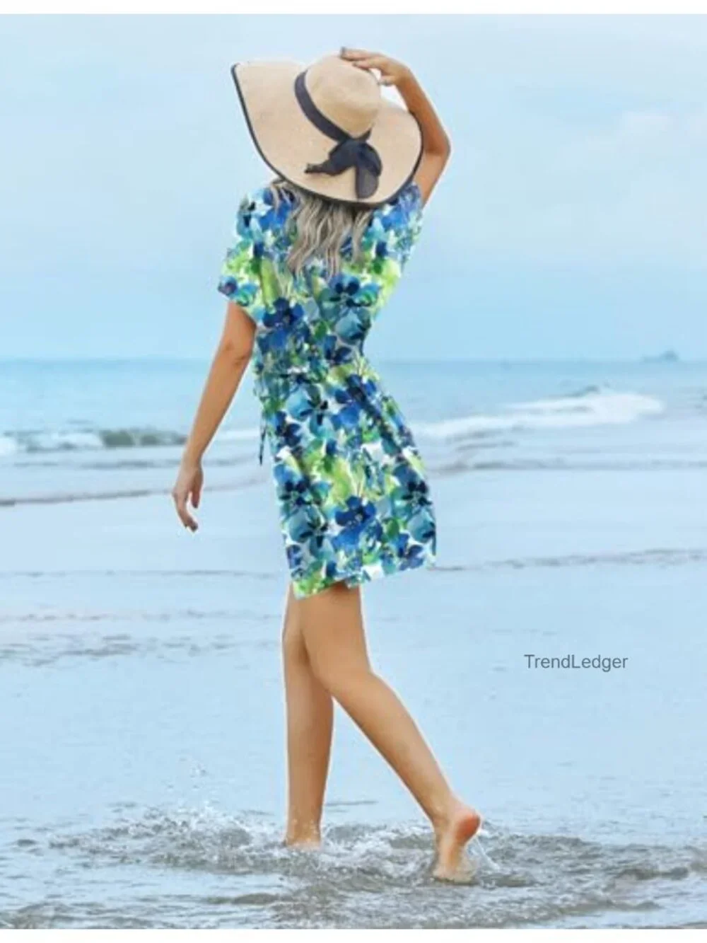 Women's Rayon Short Sleeve Swimsuit Cover Up Dress with Drawstring